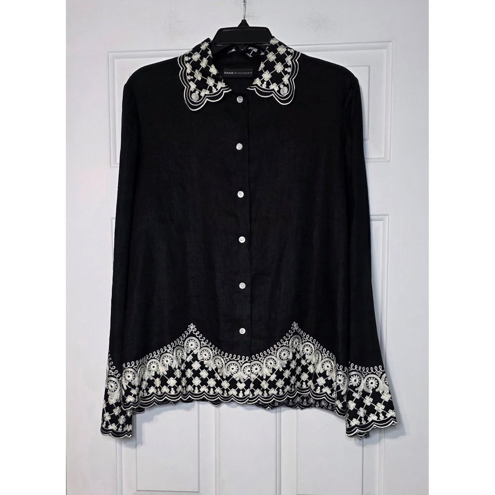 Dana Buchman Black Linen Embroidered Pineapple Tropical Shirt Women Size 6